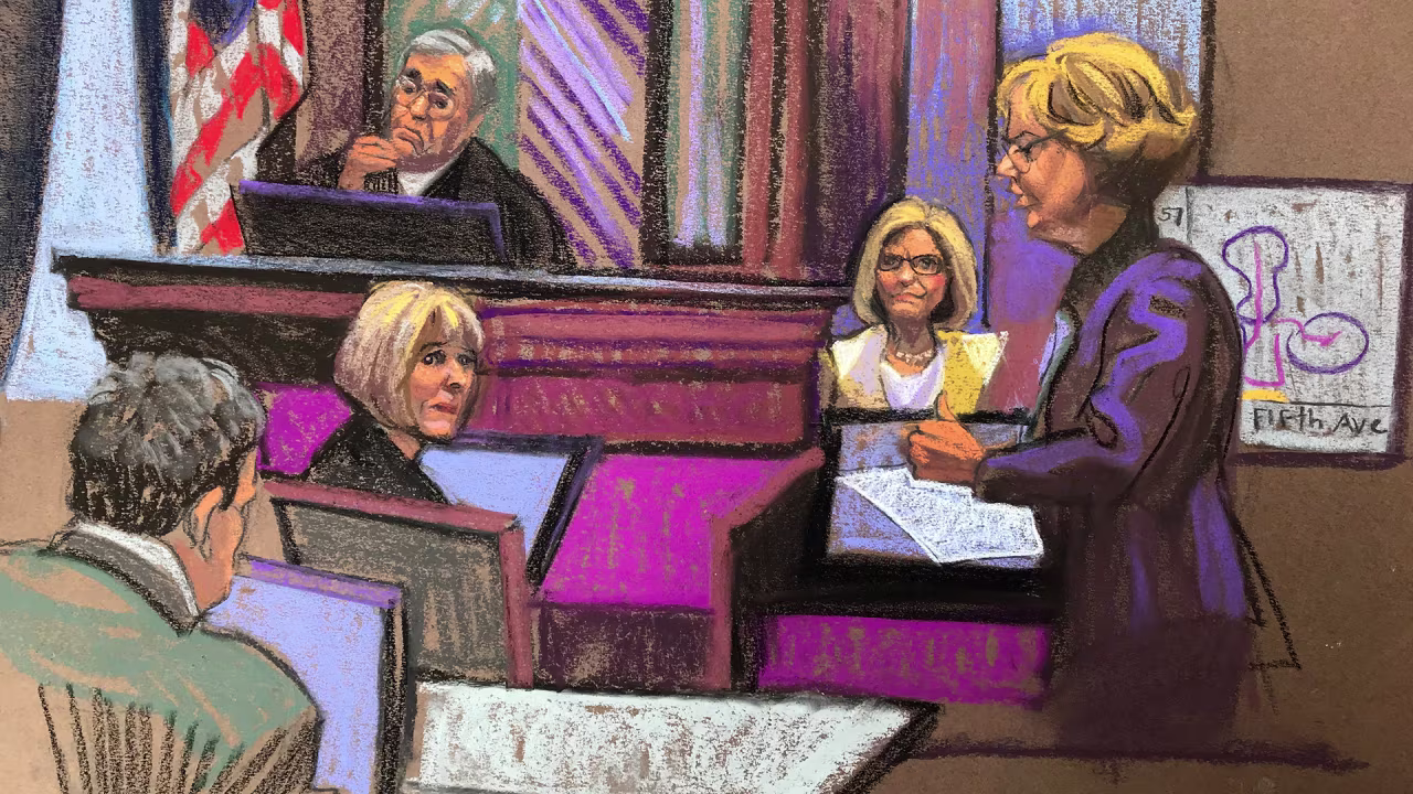 A sketch from the the civil battery and defamation trial for columnist E. Jean Carroll against former President Donald Trump.  