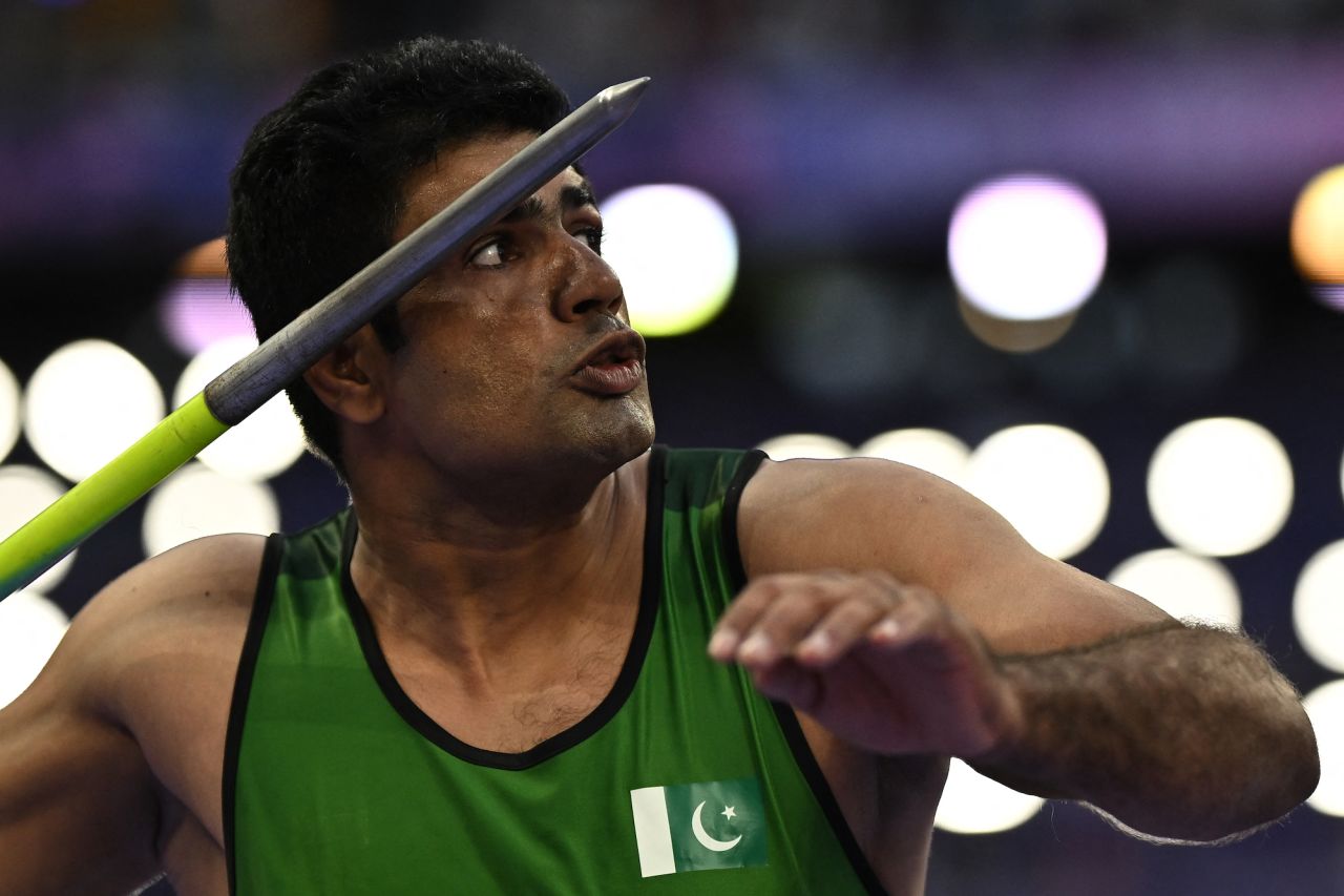 Pakistan's Arshad Nadeem competes in the men's javelin throw final.