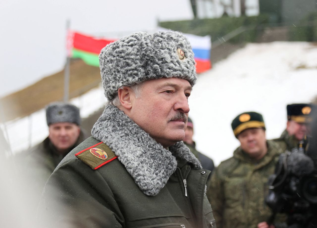 Belarusian?President?Alexander?Lukashenko?observes military exercises held by the armed forces of Russia and Belarus at the Osipovichsky training ground in the Mogilev region in Belarus, on February 17. 