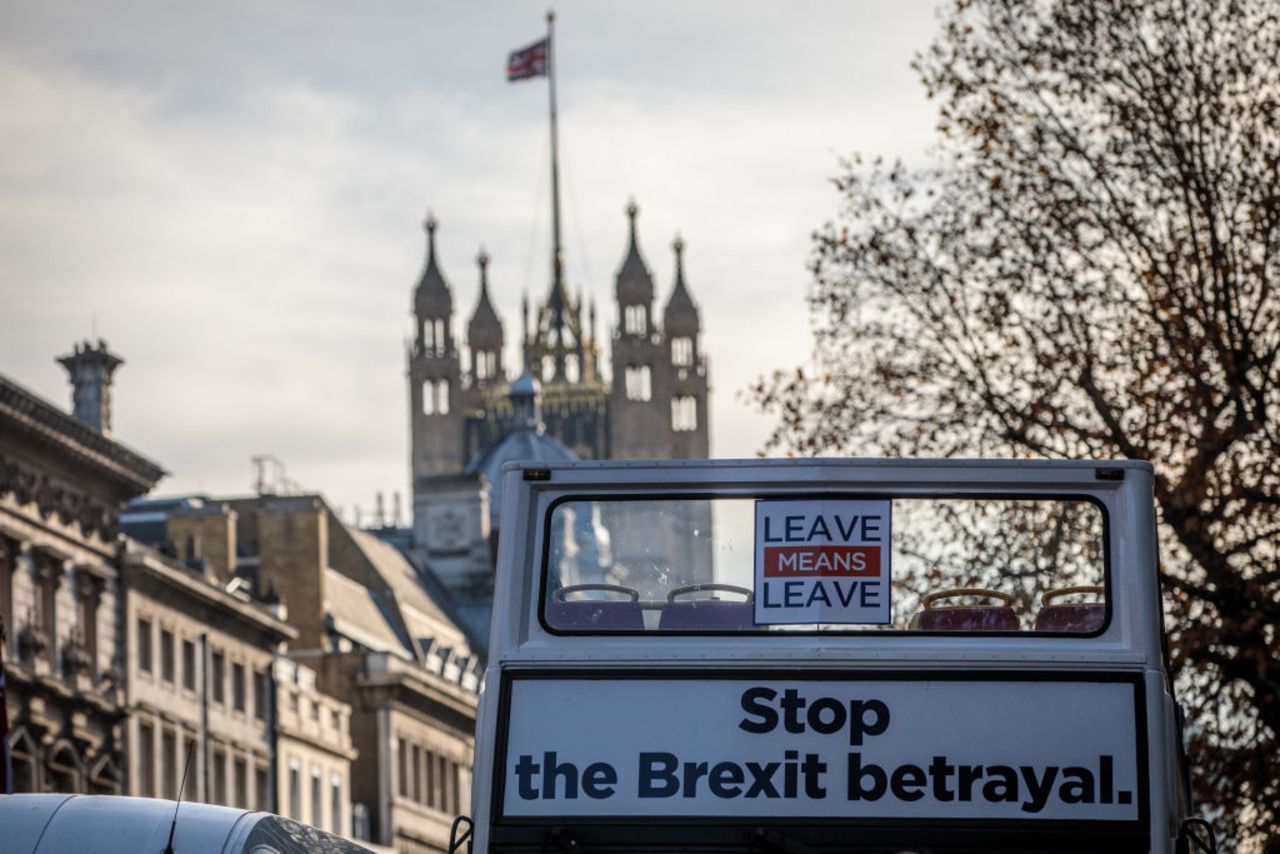 A pro-Brexit bus is driven along Whitehall on Nov. 14, 2018 in London, England.