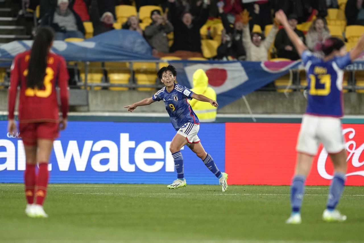 Japan's Riko Ueki celebrates after scoring her side's second goal during the match between Japan and Spain in Wellington, New Zealand, on Monday, July 31. 