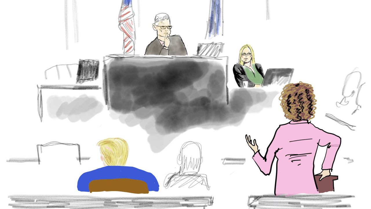This sketch by CNN's Jake Tapper shows Stormy Daniels on the witness stand on Thursday. At the bottom right is defense attorney Susan Necheles.