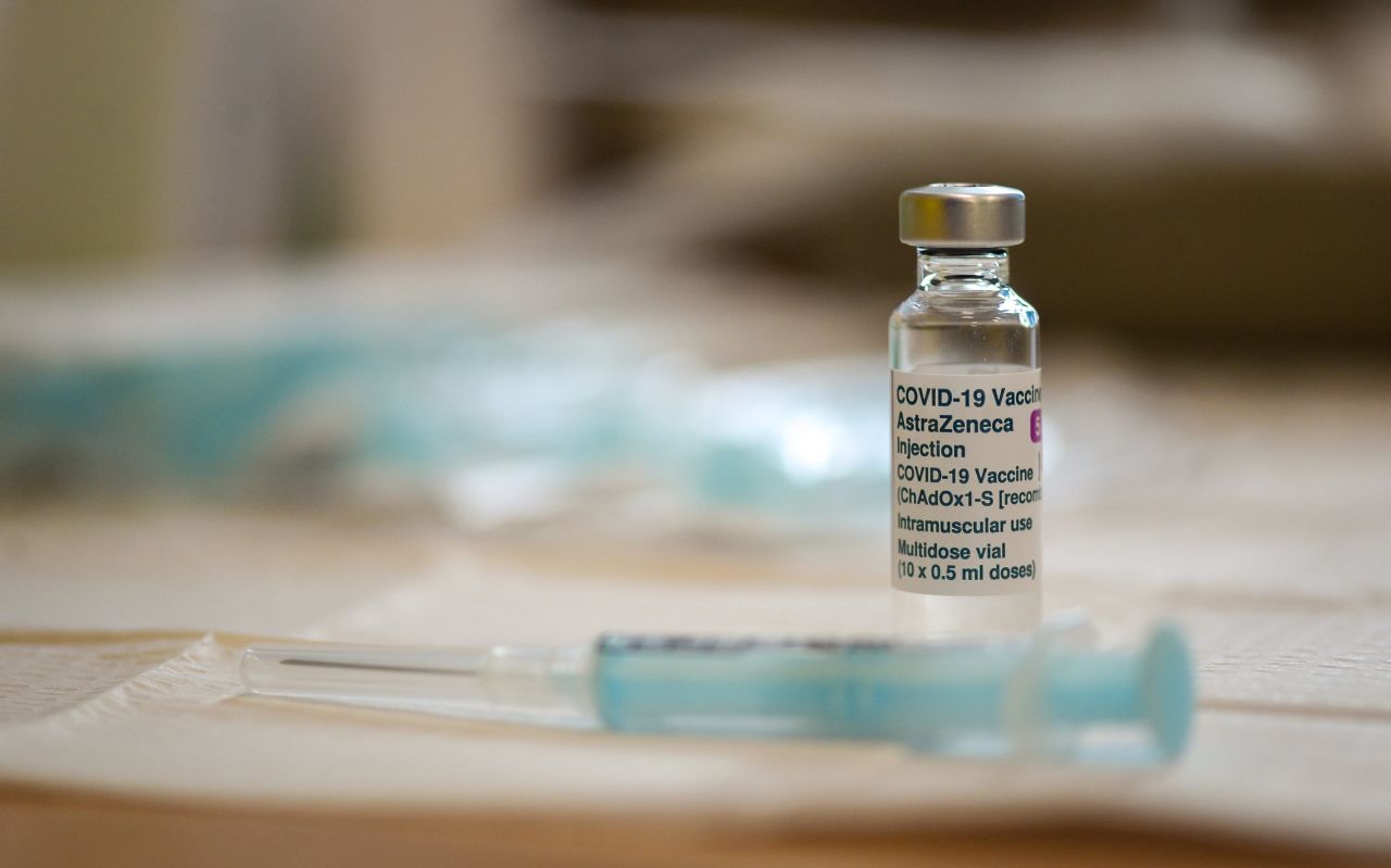 A vial of the AstraZeneca COVID-19 vaccine is seen at a medical center on March 20 in Bridport, England. 