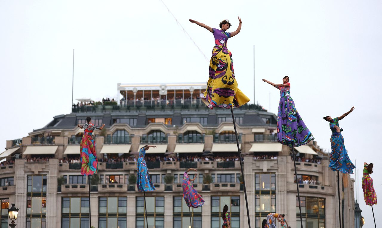 Performers take part in the opening ceremony of the Olympic Games Paris 2024 on July 26, 2024 in Paris, France. 