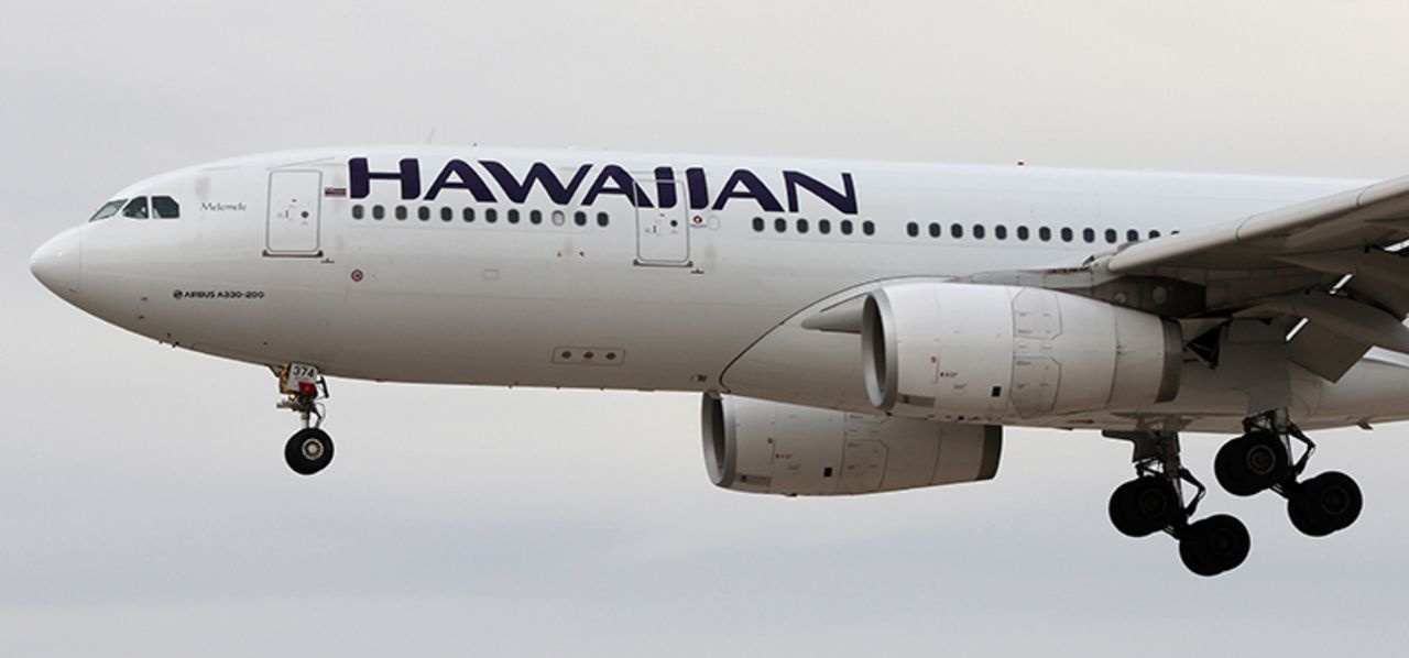 A Hawaiian Airlnes Airbus A330 (A330-200) jetliner lands at McCarran International Airport in Las Vegas, Nevada, on Tuesday, February 26, 2019.