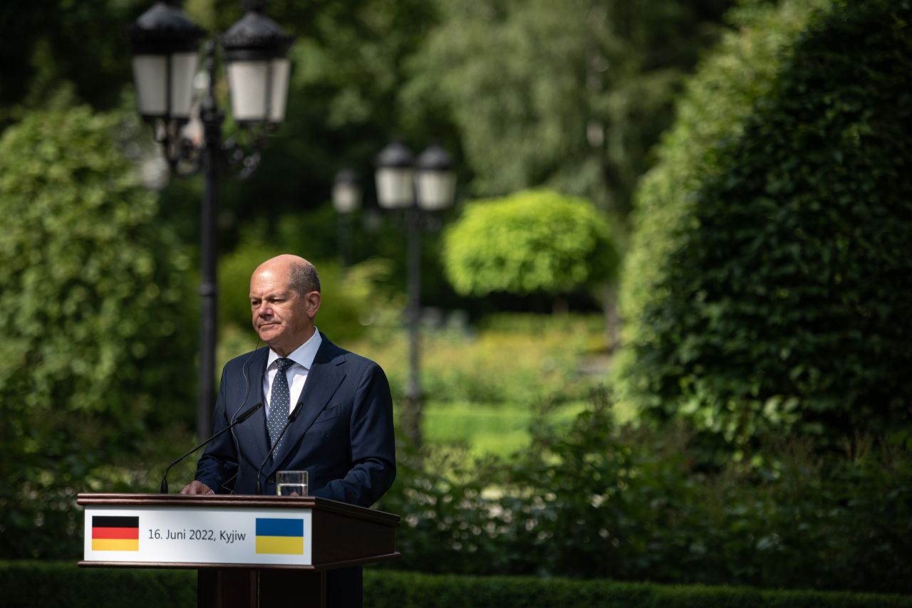 German Chancellor Olaf Scholz is seen during a press conference in Kyiv, on Friday.