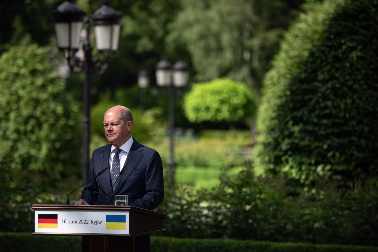 German Chancellor Olaf Scholz is seen during a press conference in Kyiv, on Friday.