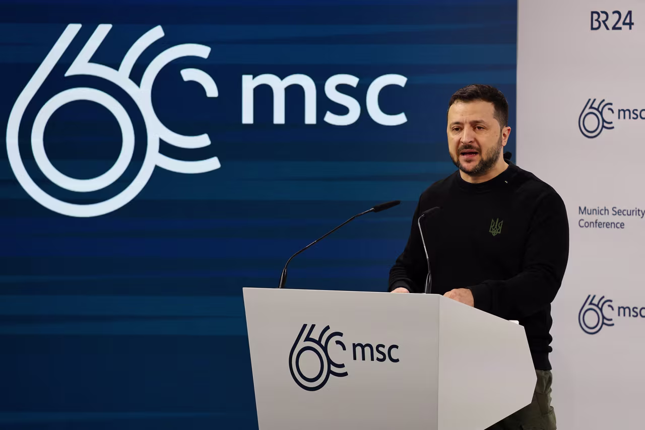 Ukrainian President Volodymyr Zelensky speaks at the annual Munich Security Conference, in Munich, Germany, on February 17.
