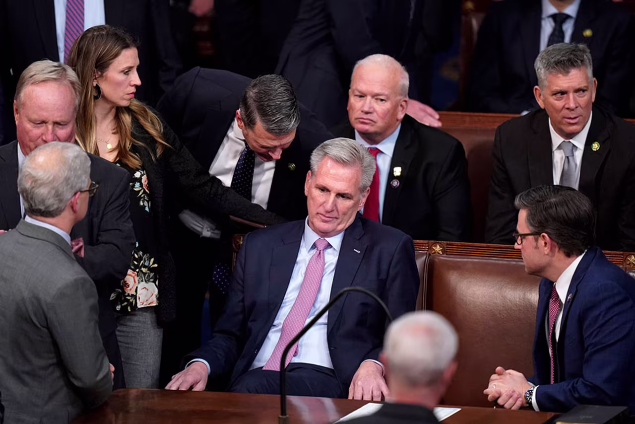 McCarthy reacts after losing the 14th vote.