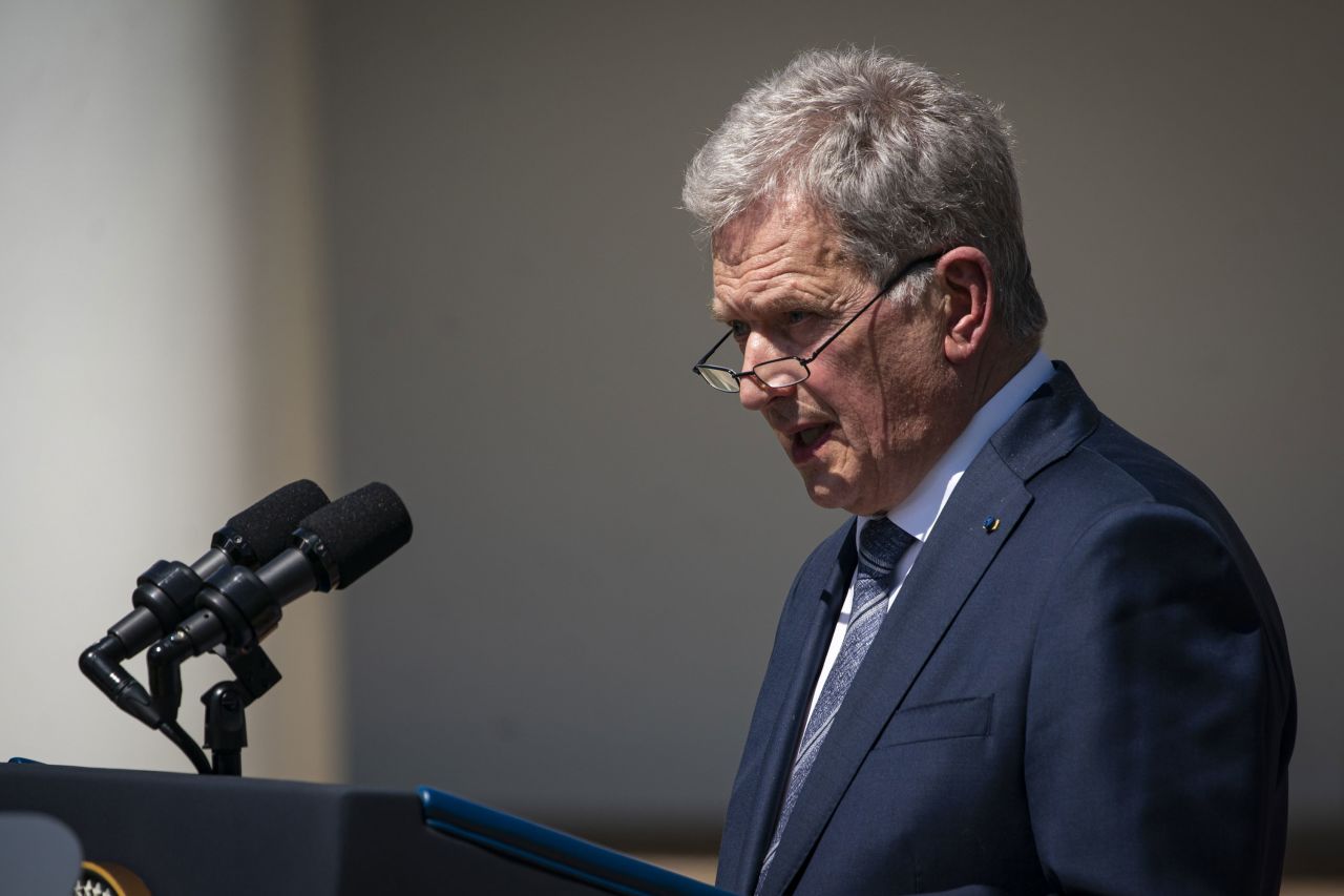 Sauli Niinist?, Finland's president, speaks during a news conference in Washington, DC, on May 19.