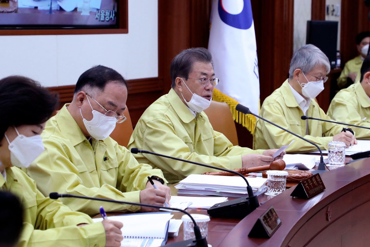 South Korean President Moon Jae-in, center, speaks during a cabinet meeting at a government complex in Seoul on March 3.