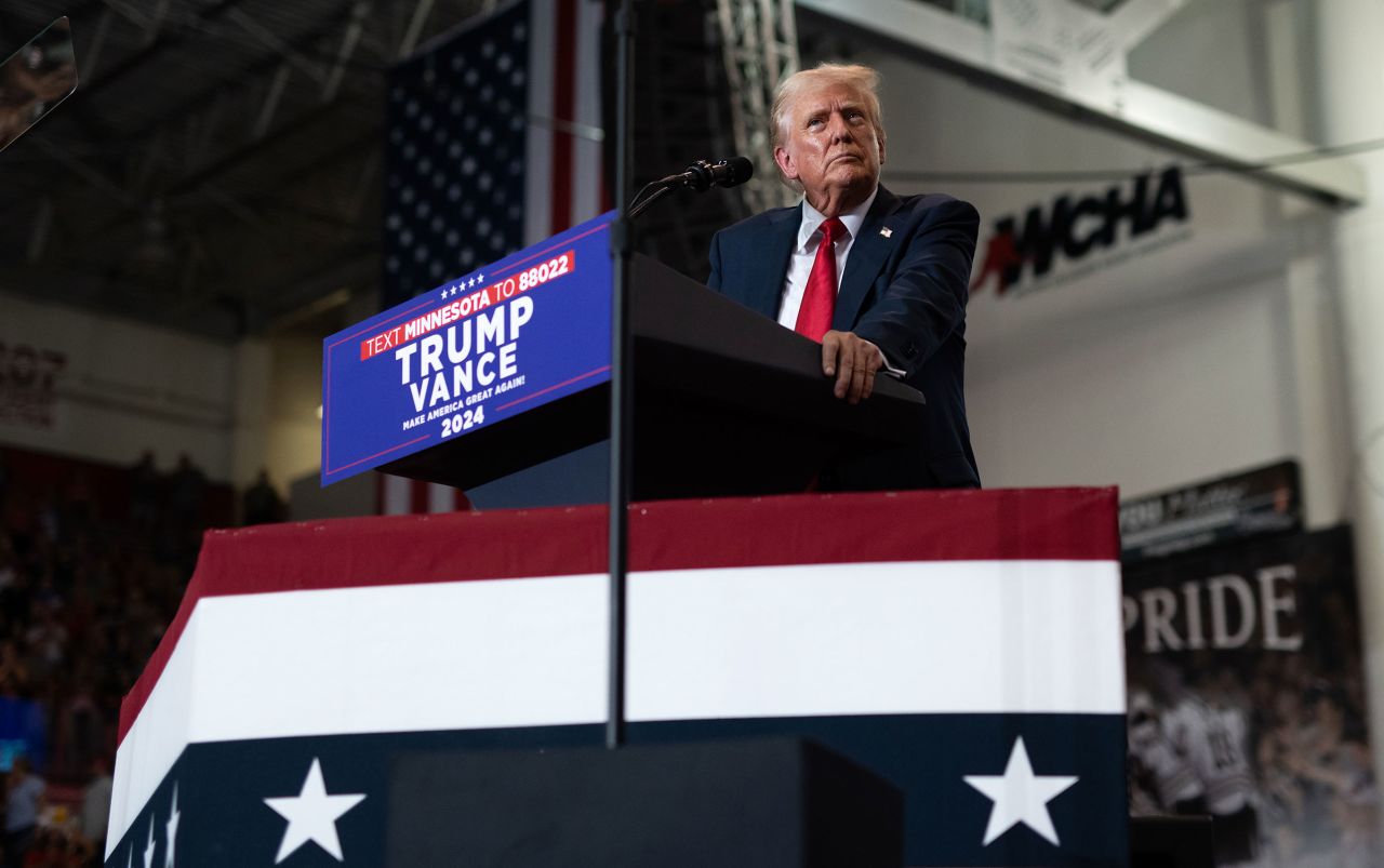 Former President Donald Trump leaves the stage after speaking during a rally at Herb Brooks National Hockey Center on July 27 in St. Cloud, Minnesota.