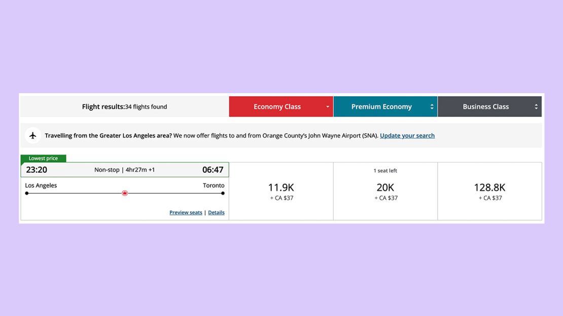 A screenshot of an award flight from Los Angeles to Toronto