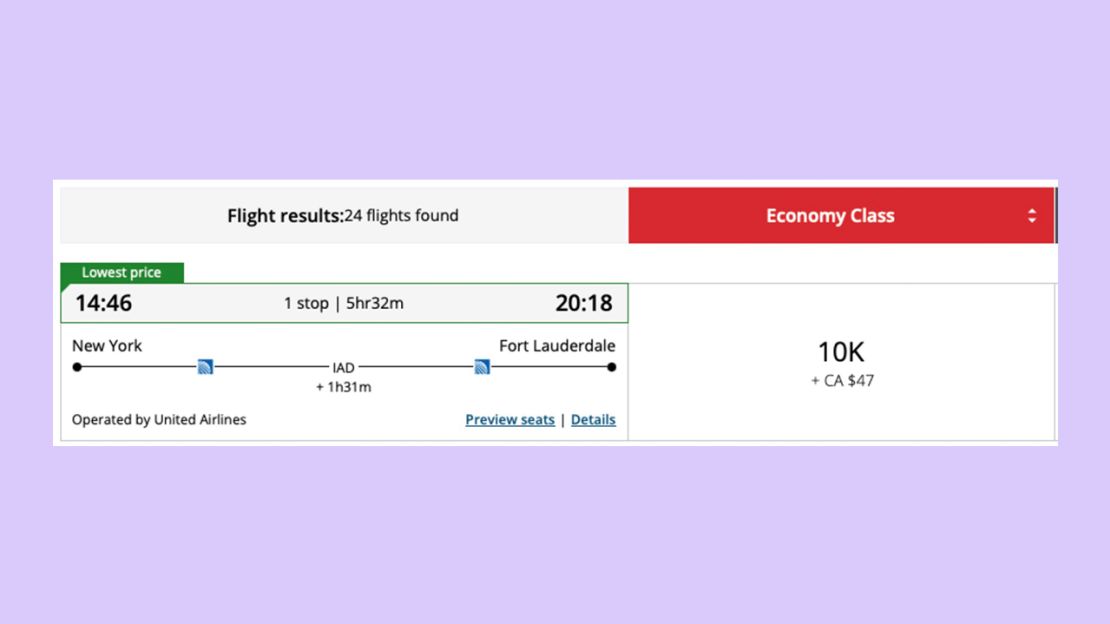 A screenshot of an Aeroplan award ticket from Newark to Fort Lauderdale operated by United