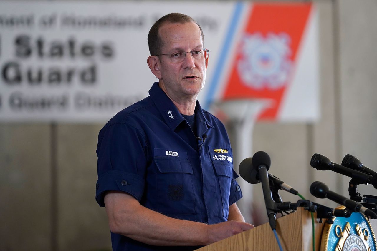 US Coast Guard First District Commander Rear Adm. John Mauger speaks to the media on Monday in Boston.