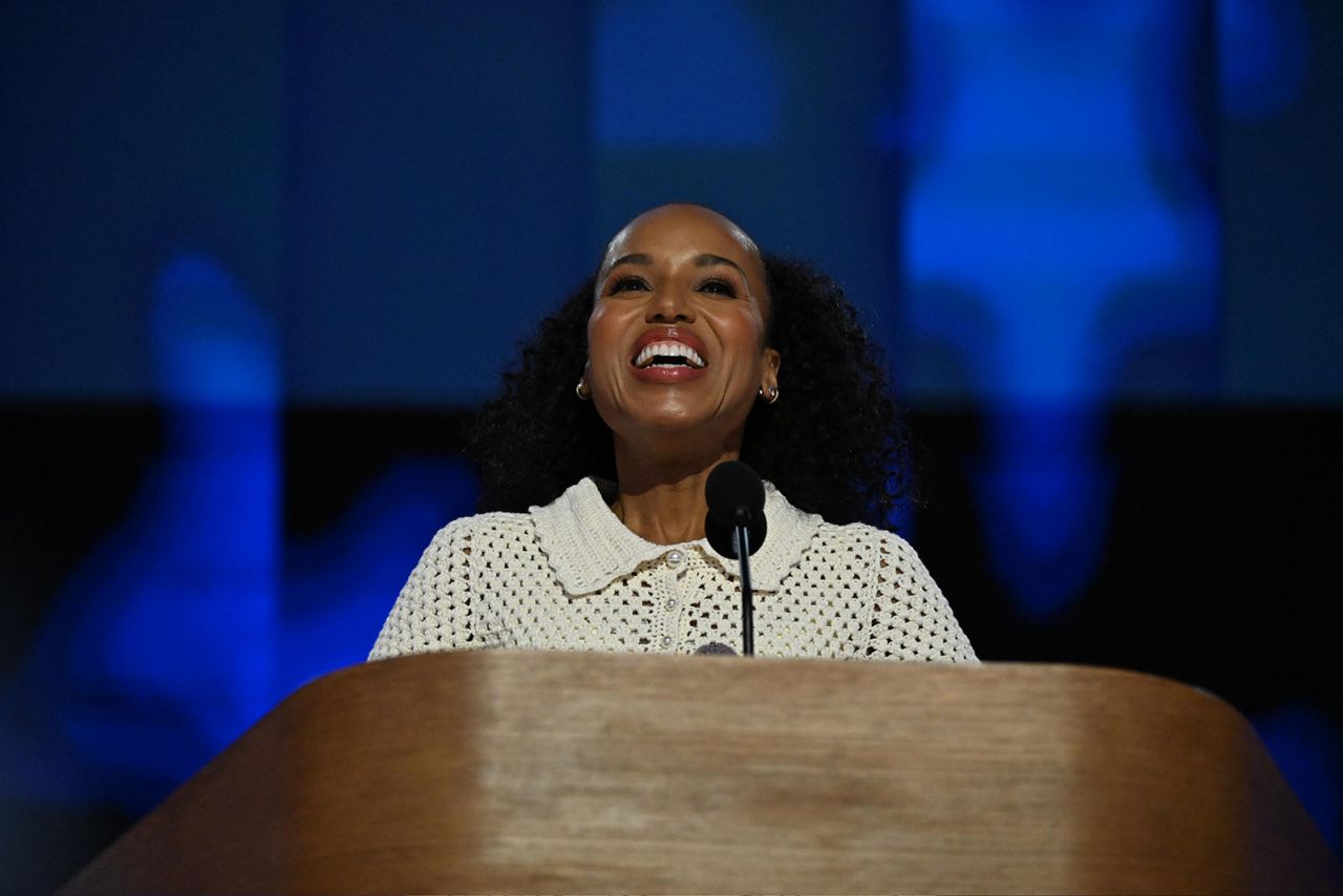 Kerry Washington speaks during the DNC on Thursday, August 22, in Chicago.