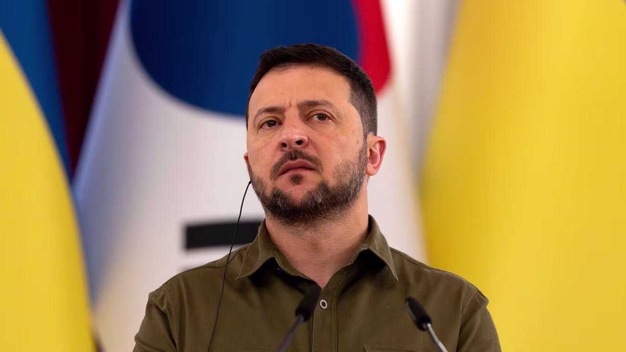 Ukrainian President Volodymyr Zelenskyy listens to South Korean President Yoon Suk Yeol during a joint statement, Saturday, July 15, 2023, in Kyiv, Ukraine. 
