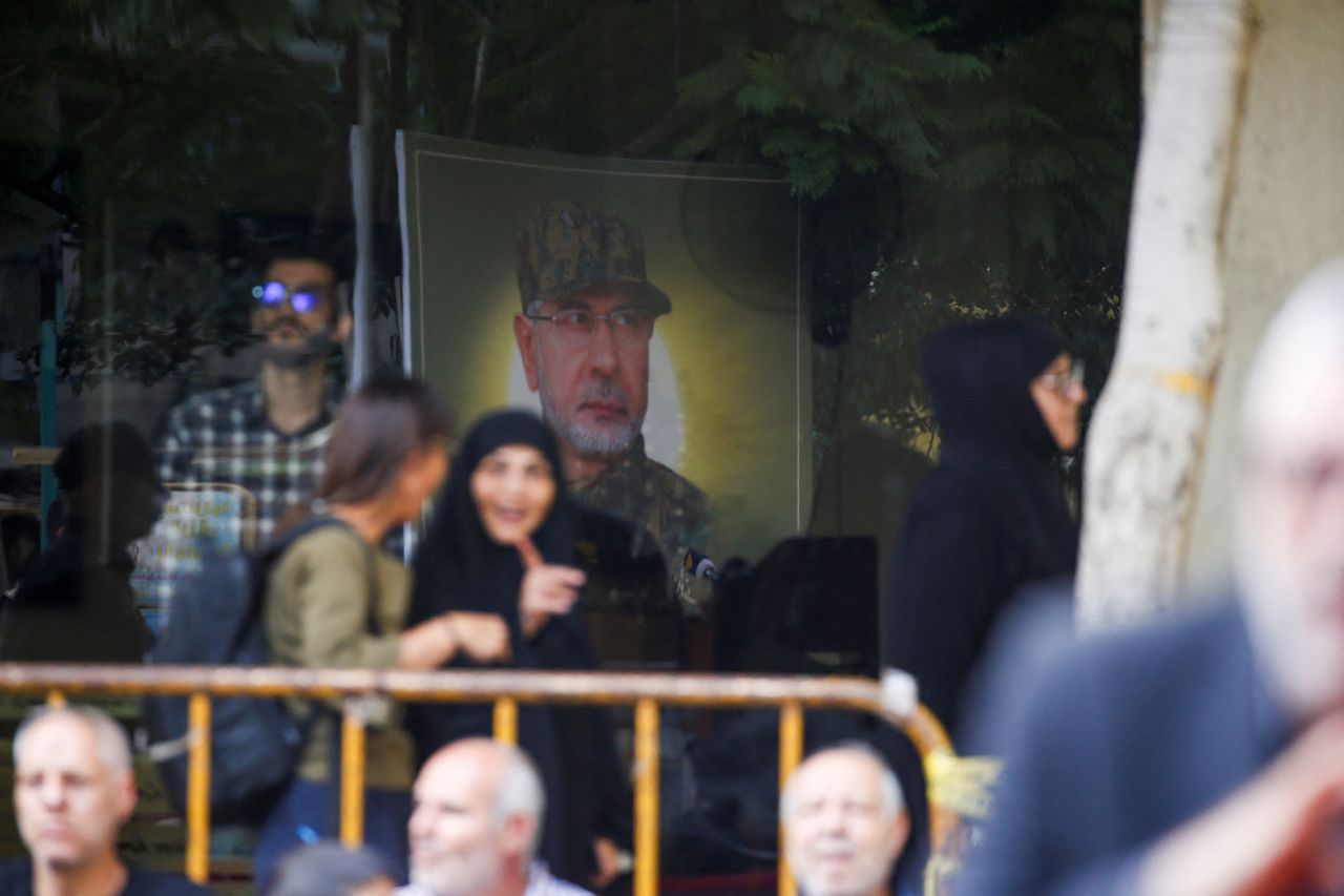 An image of Hezbollah commander Ibrahim Aqil is seen ahead of the funeral for Aqil and Hezbollah member Mahmoud Hamad in Beirut, Lebanon, on September 22.