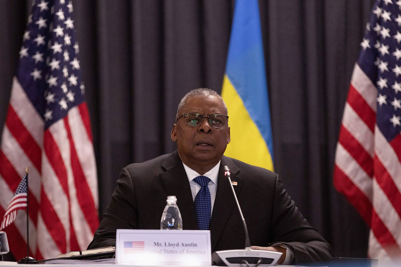 US Defence Secretary Lloyd Austin speaks during the Ukraine Defence Contact Group meeting on September 8, at the US airbase in Ramstein, western Germany.