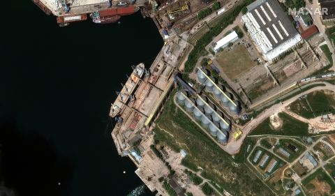 A satellite image shows an overview of bulk carrier ship loading grain at the port of Sevastopol, Crimea, on May 19.