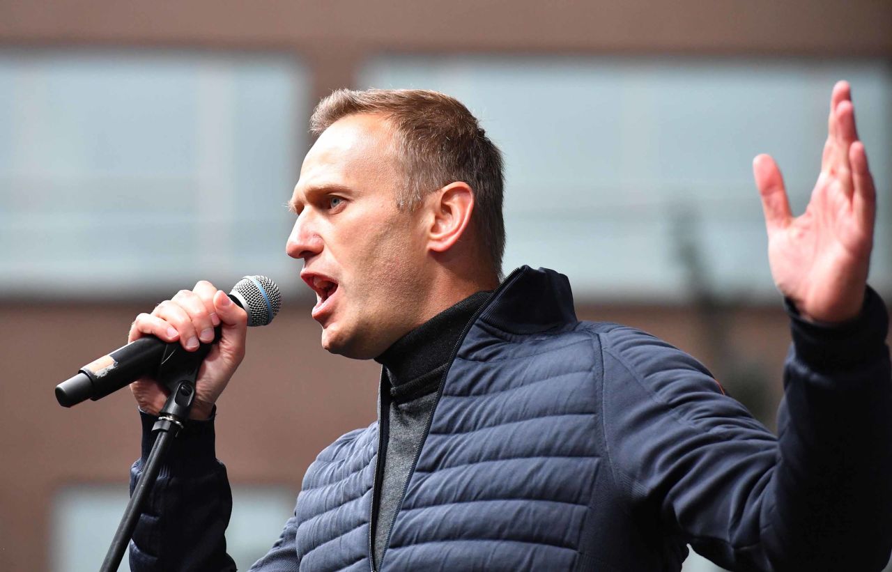 Russian opposition leader Alexei Navalny speaks during a demonstration in Moscow in September 2019.