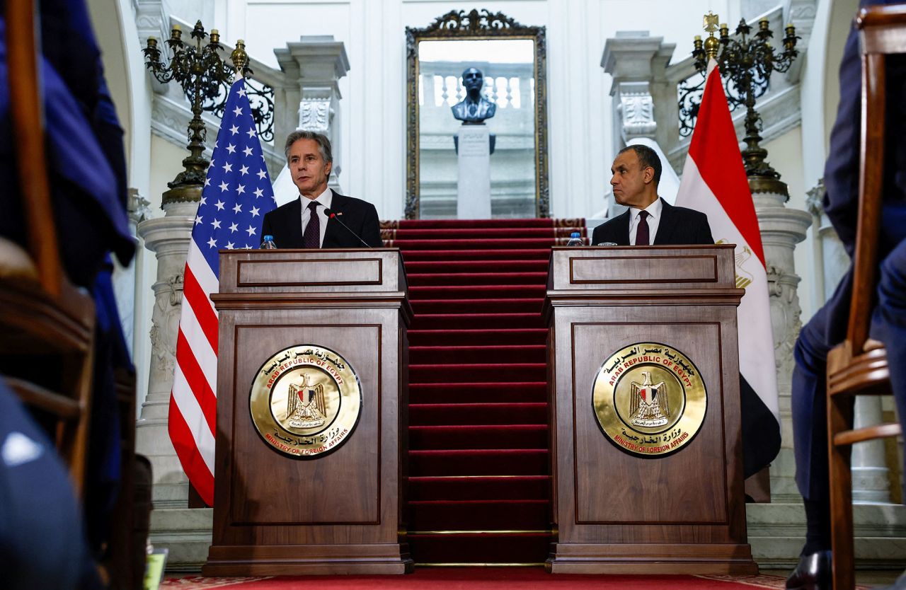 U.S. Secretary of State Antony Blinken, left, attends a joint press conference with Egypt's Foreign Minister Badr Abdelatty in Tahrir Palace in Cairo, Egypt, on September 18.