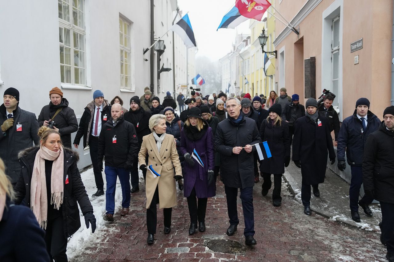 European Commission President Ursula von der Leyen, center left, Estonian Prime Minister Kaja Kallas, center and NATO Secretary General Jens Stoltenberg, center right, walk in the old town in Tallinn, Estonia, on February 24.