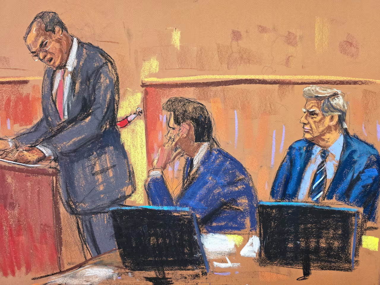 Prosecutor Joshua Steinglass questions potential jurors as former President Donald Trump and defense lawyer Todd Blanche listen.