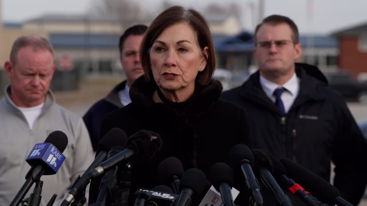 Iowa Gov. Kim Reynolds speaks during a press conference in Perry, Iowa, on Thursday.