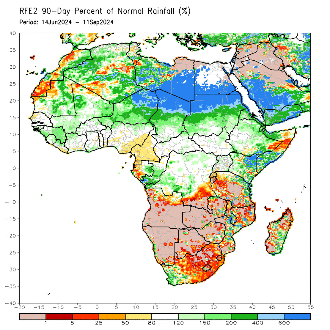 Rainfall departures from normal are depicted. Blues area areas where 400 to more than 600% of typical rainfall has fallen from mid-July to early September. White areas indicate near-normal precipitation and yellow, orange and red areas indicate below-normal precipitation.