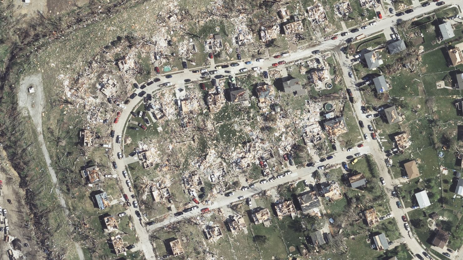 Tornado damage in a neighborhood in Elkhorn, Nebraska, an Omaha suburb.