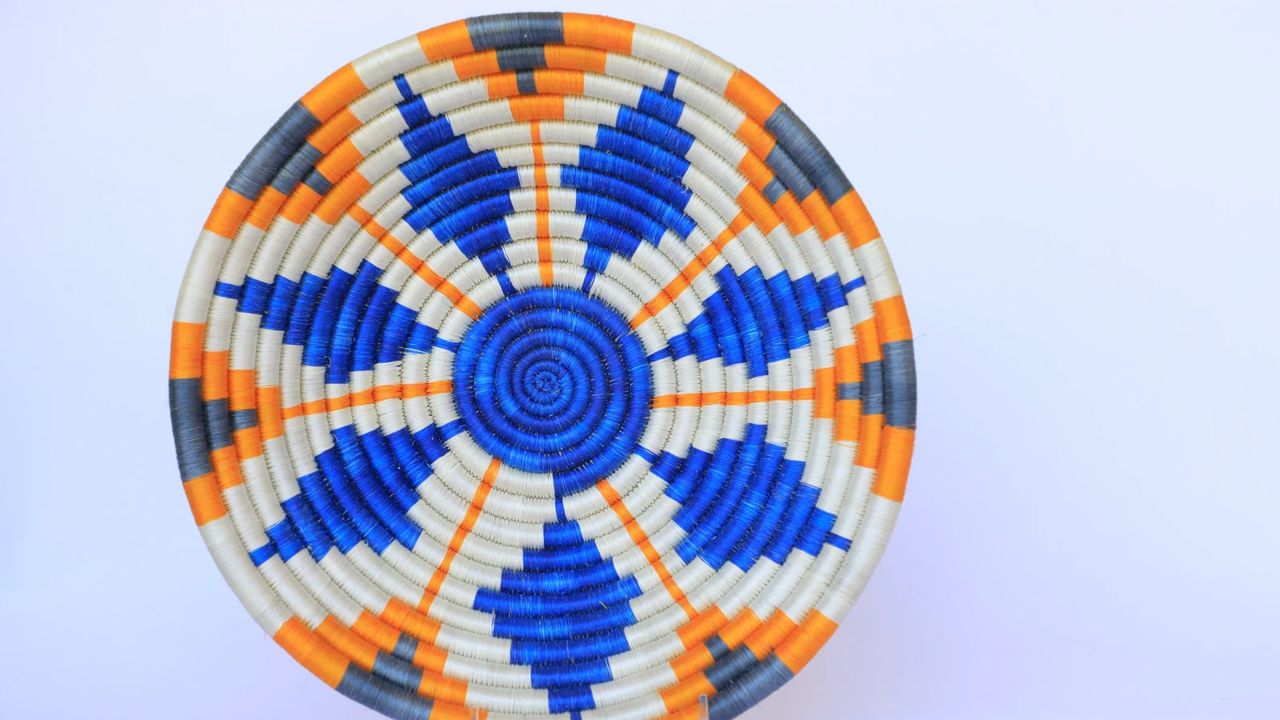 Agahozo Woven Wall african basket, blue, orange and white