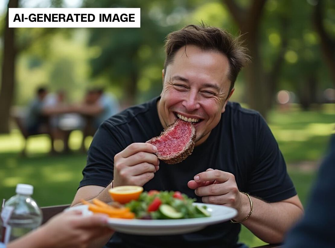 Elon Musk’s Grok created this AI image in response to the prompt: “Generate an image of Elon Musk eating a steak in a park and having a wonderful time.”