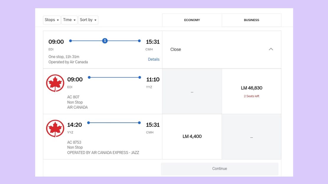 A screenshot showing Air Canada award tickets on the LifeMiles website