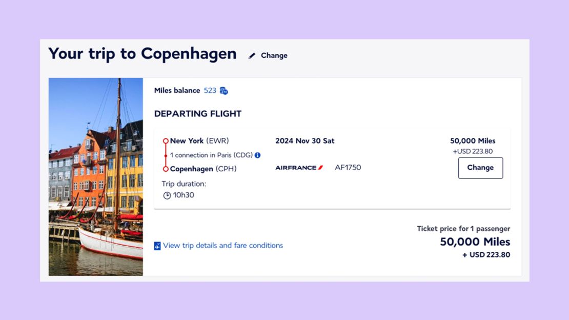 A screenshot of an award flight itinerary from Newark to Copenhagen via Paris on Air France
