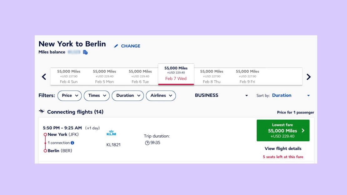 A screenshot of a Flying Blue award ticket from New York to Berlin