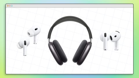 (L to R) AirPods Pro, AirPods Max and AirPods 4 in a collage graphic that uses a desktop window graphic background