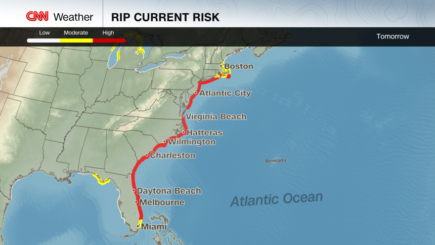Tuesday will feature a high risk of rip currents along much of the East Coast.