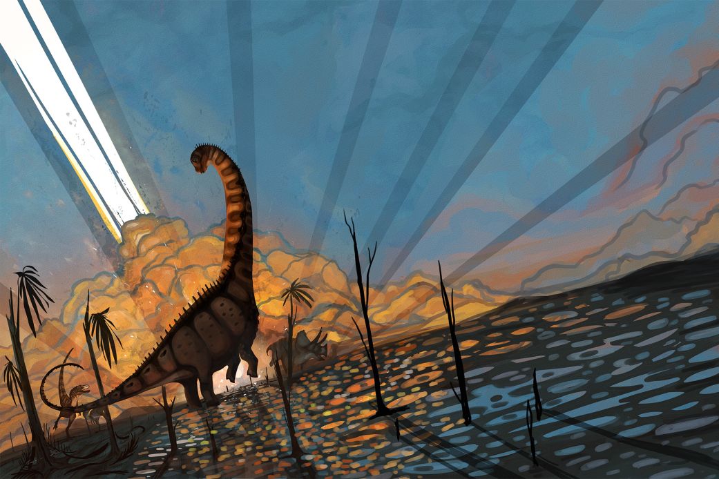 An artist's impression of the last dinosaurs from southern North America features a long-necked Alamosaurus.