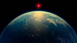 Una ilustración muestra un mundo hyceano (un exoplaneta con un océano de agua líquida bajo una atmósfera rica en hidrógeno) orbitando una estrella enana roja. Según las observaciones del Telescopio Espacial James Webb, el exoplaneta K2-18 b podría pertenecer a esta categoría.