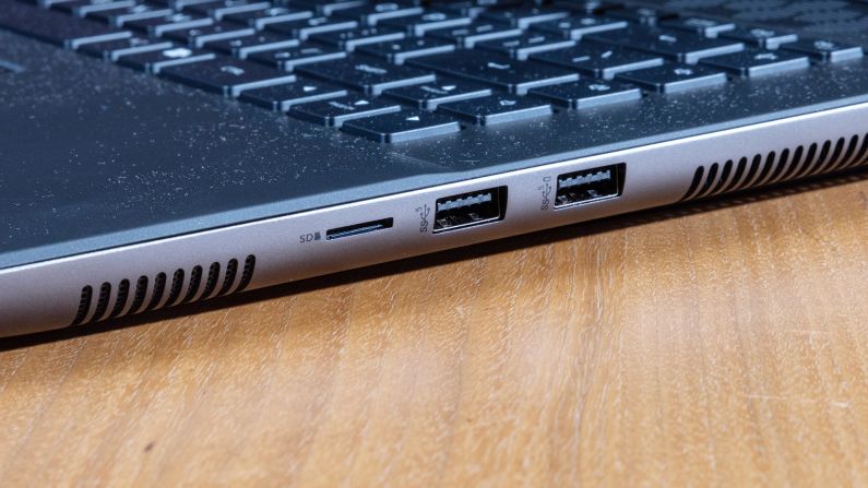 The right side of the Alienware m16 R2 deck with keys and its microSD card reader and dual USB-A ports.