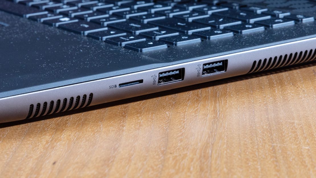 The right side of the Alienware m16 R2 deck with keys and its microSD card reader and dual USB-A ports.