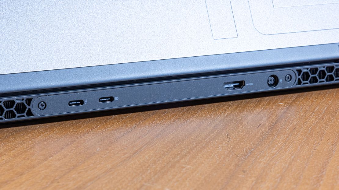 The rear panel of the Alienware m16 R2 features dual USB-C, HDMI and power ports.