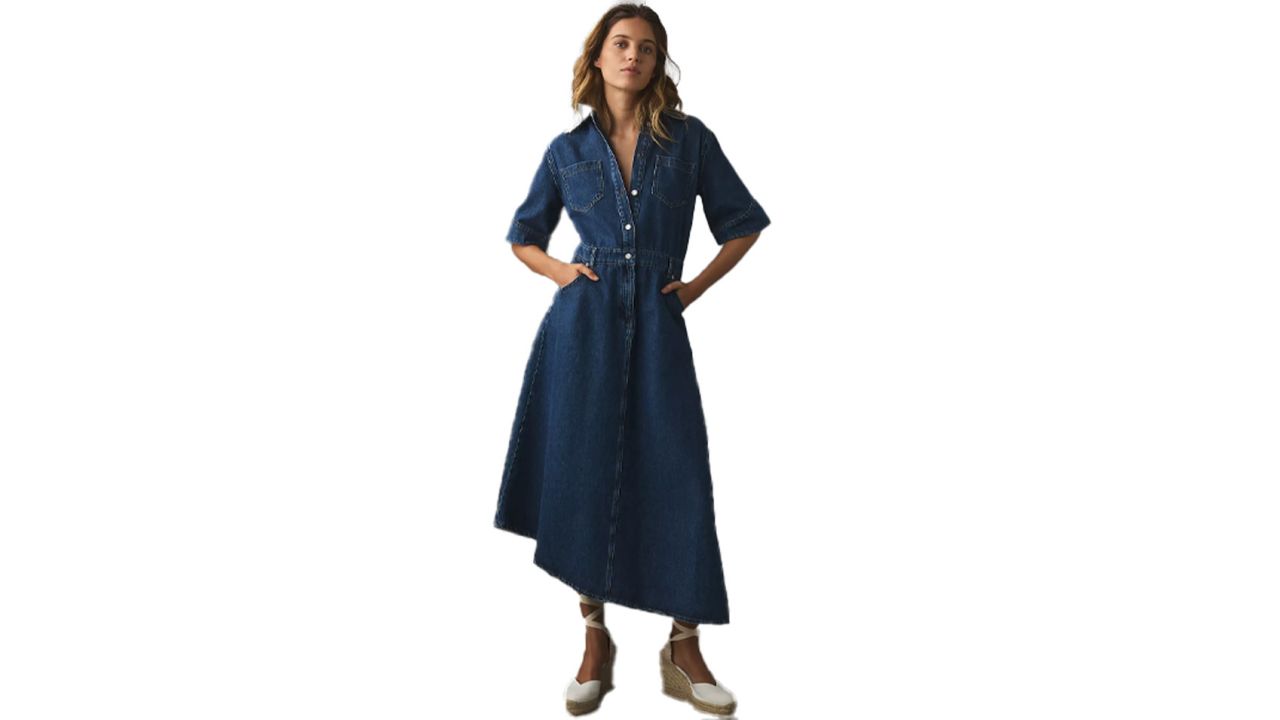 Aligne Mateo Short-Sleeve Asymmetric Denim Midi Shirt Dress