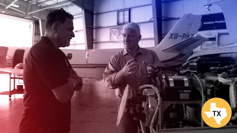 Manny Rizo speaks to John King at his company RizoJet Avionics, an aircraft maintenance company in Pflugerville, Texas.