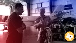Manny Rizo speaks to John King at his company RizoJet Avionics, an aircraft maintenance company in Pflugerville, Texas.