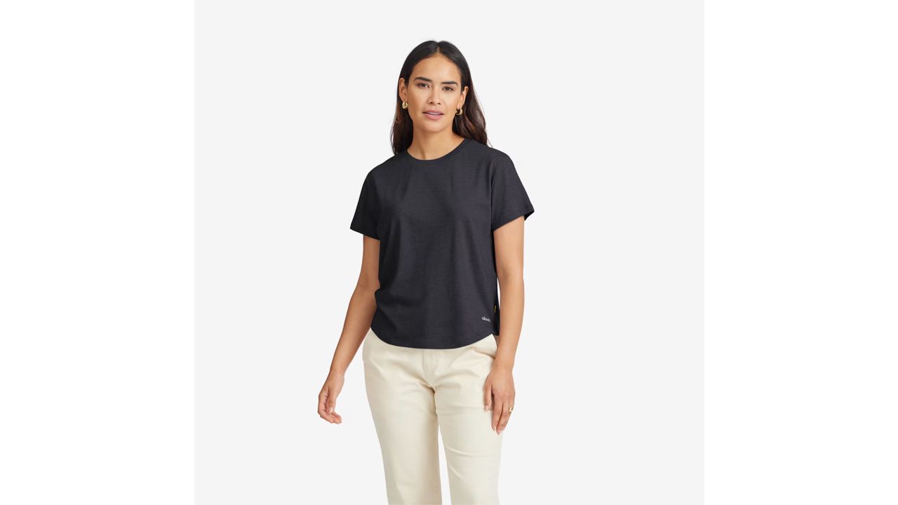 A photo of a person wearing a black Allbirds Women's Soft Merino Tee shirt