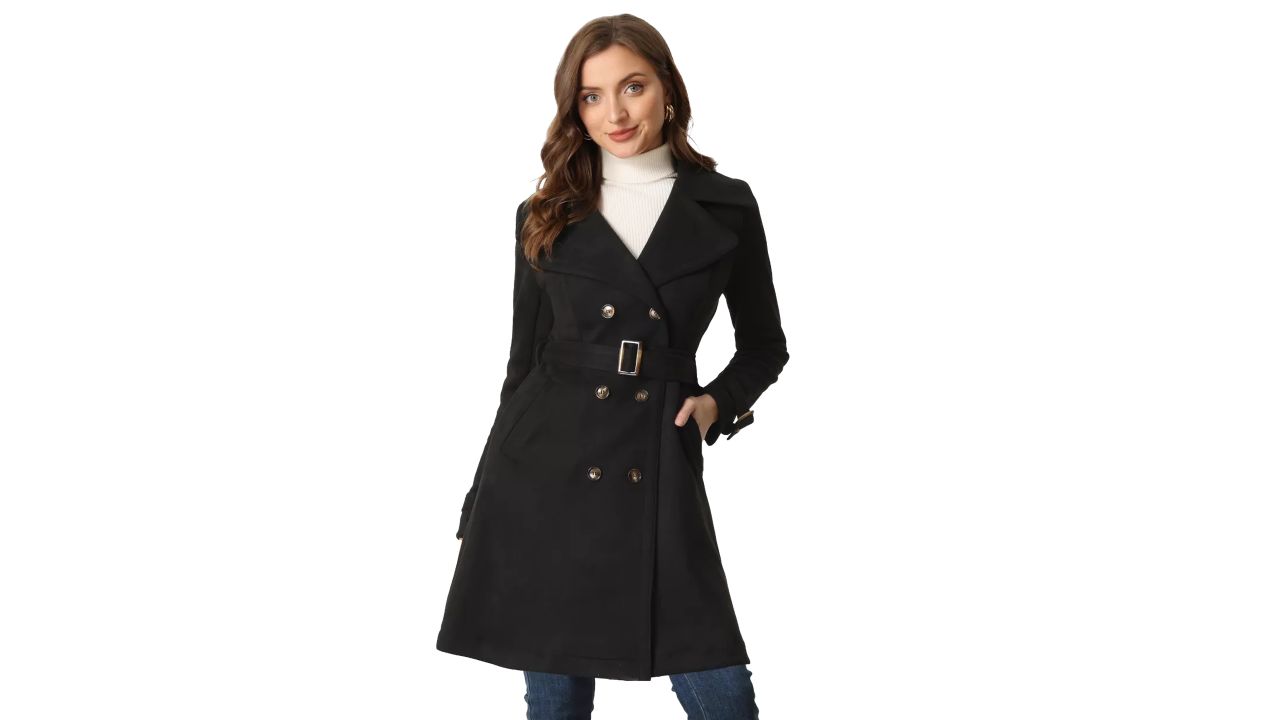 Allegra K Faux Suede Trench Coat in black 