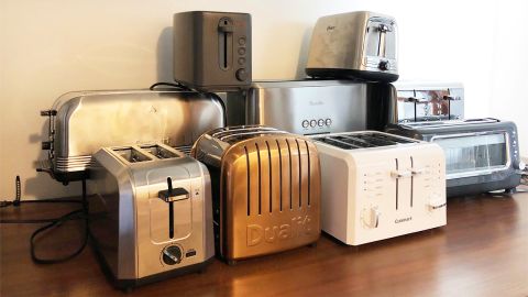 A group of nine pop-up slot toasters, representing the pool of models we tested in 2022