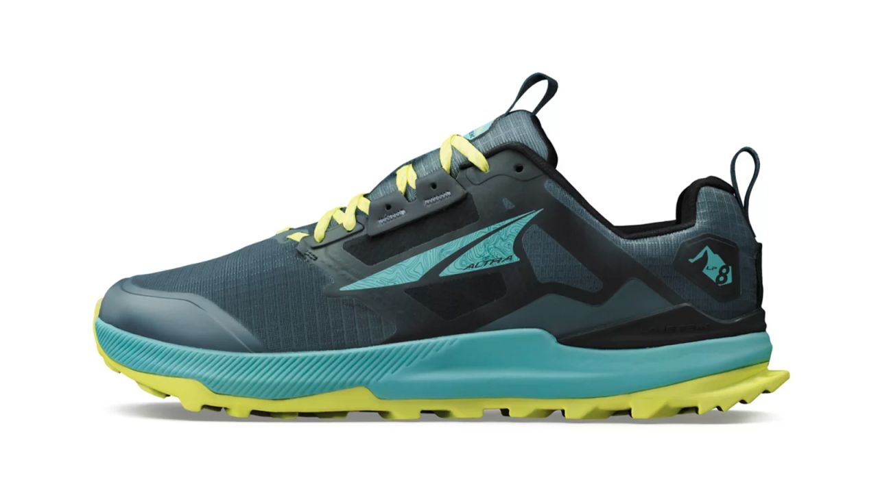 Men's Altra Lone Peak 8 trail running shoe in black/green on a white background.